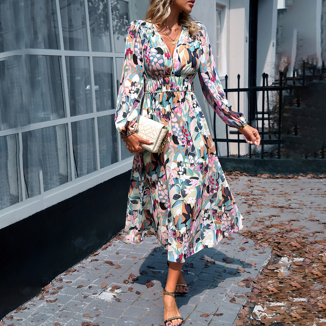 Dam Midi-dress med blommigt tryck och elastisk midjeinsats Mirla-Eva Jonsson