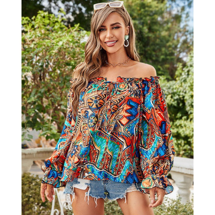 Dam Off-Shoulder Blus med Färggående Mönster och Elastisk Nederkant Mirla-Eva Jonsson