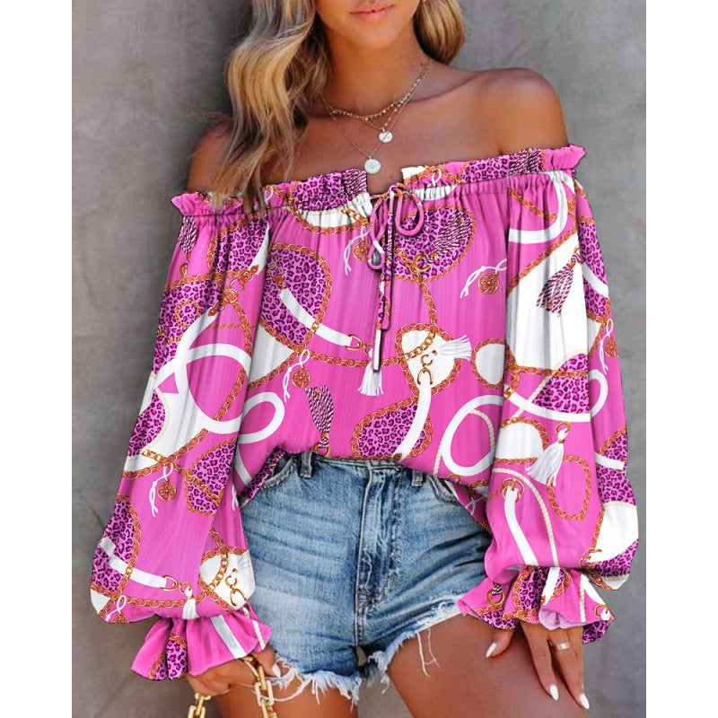 Dam Off-Shoulder Blus med Färggående Mönster och Elastisk Nederkant Mirla-Eva Jonsson