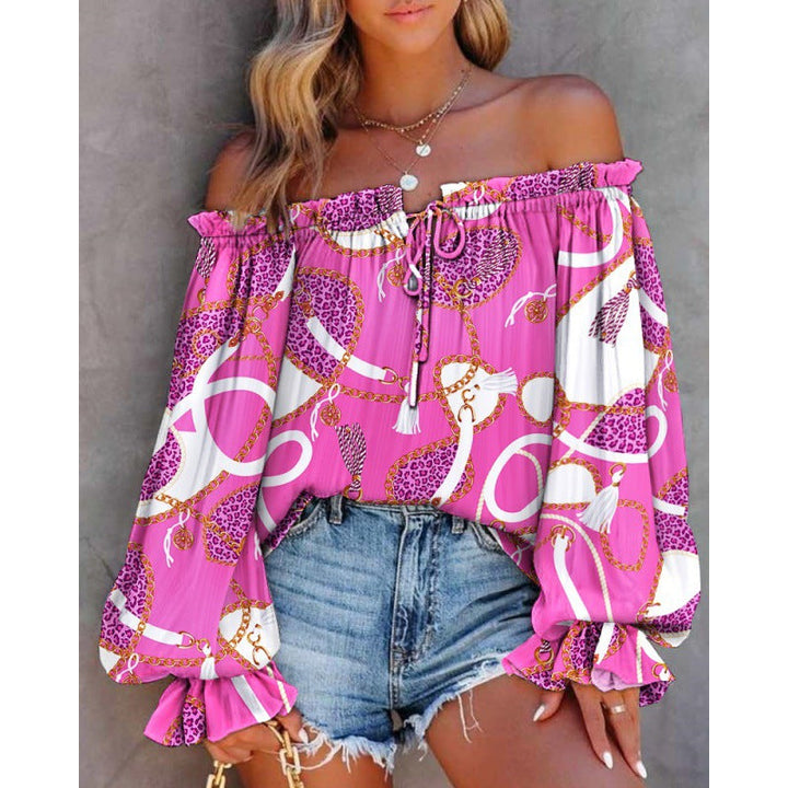 Dam Off-Shoulder Blus med Färggående Mönster och Elastisk Nederkant Mirla-Eva Jonsson
