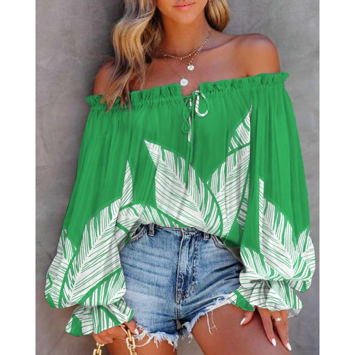 Dam Off-Shoulder Blus med Färggående Mönster och Elastisk Nederkant Mirla-Eva Jonsson