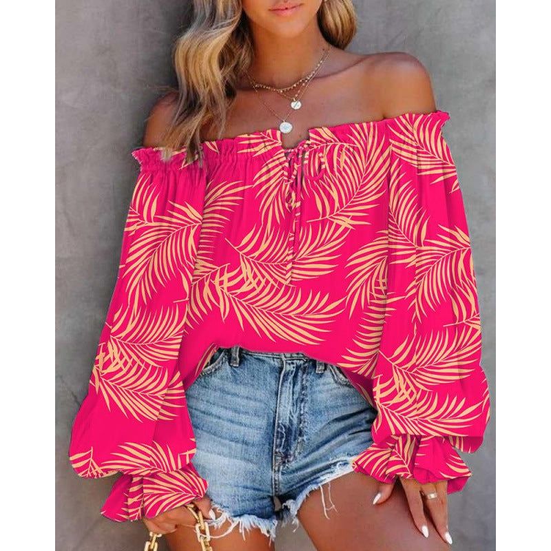 Dam Off-Shoulder Blus med Färggående Mönster och Elastisk Nederkant Mirla-Eva Jonsson