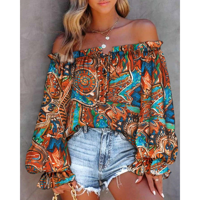 Dam Off-Shoulder Blus med Färggående Mönster och Elastisk Nederkant Mirla-Eva Jonsson