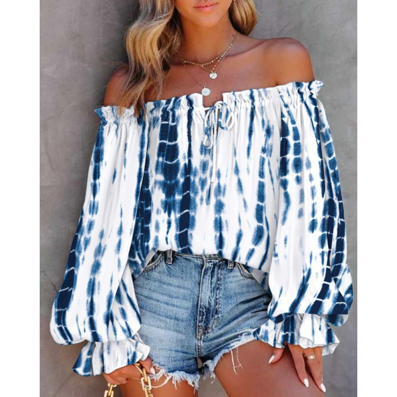 Dam Off-Shoulder Blus med Färggående Mönster och Elastisk Nederkant Mirla-Eva Jonsson