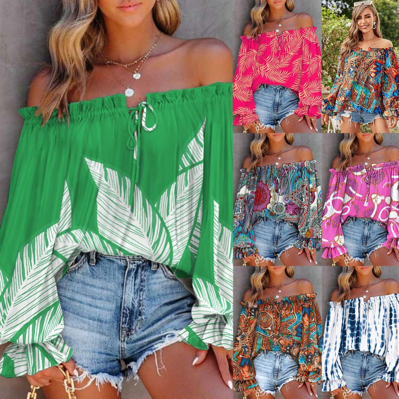 Dam Off-Shoulder Blus med Färggående Mönster och Elastisk Nederkant Mirla-Eva Jonsson