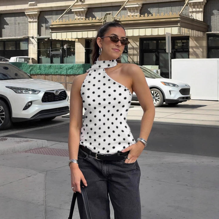 Dam Off-Shoulder Blusenshirt med asymmetrisk design och lekfullt prickmönster Mirla-Eva Jonsson