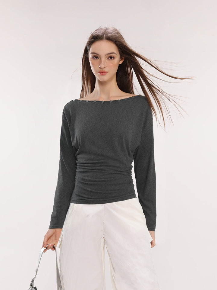 Dam Off-Shoulder Långärmad Top med Knappar Slim Fit-Eva Jonsson