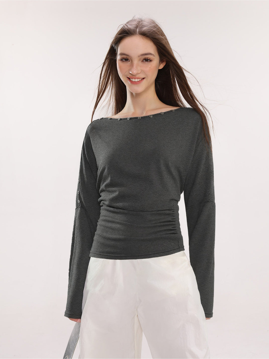 Dam Off-Shoulder Långärmad Top med Knappar Slim Fit-Eva Jonsson