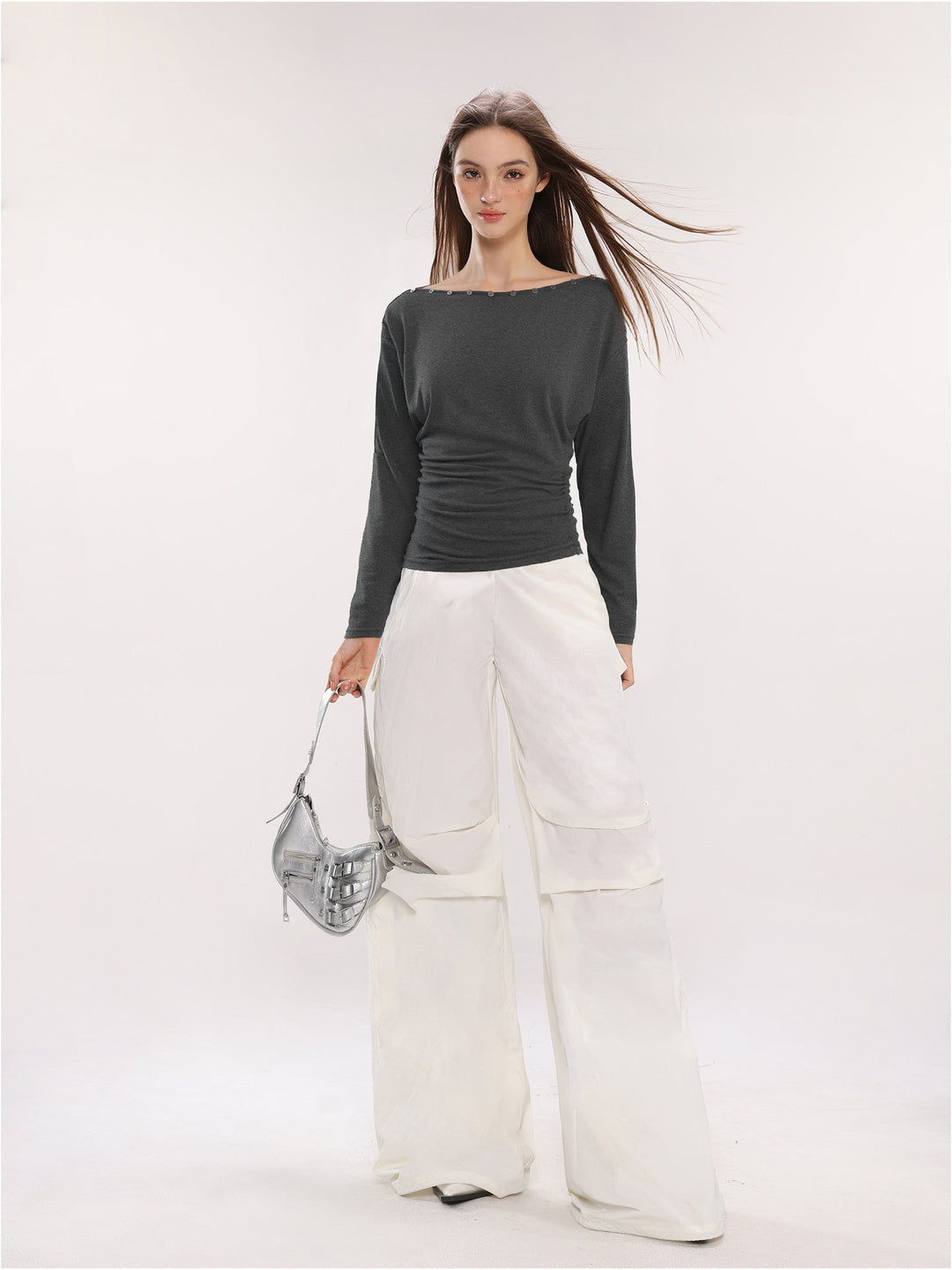 Dam Off-Shoulder Långärmad Top med Knappar Slim Fit-Eva Jonsson
