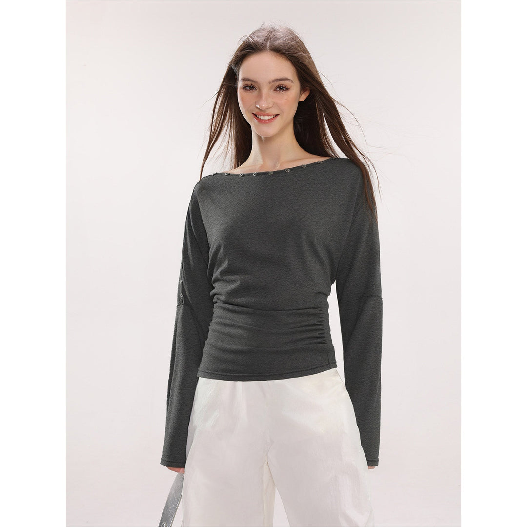 Dam Off-Shoulder Långärmad Top med Knappar Slim Fit-Eva Jonsson