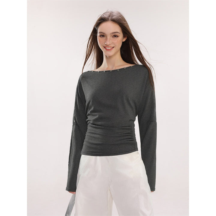 Dam Off-Shoulder Långärmad Top med Knappar Slim Fit-Eva Jonsson