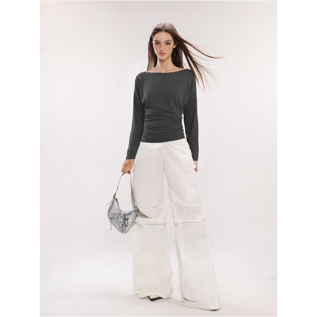 Dam Off-Shoulder Långärmad Top med Knappar Slim Fit-Eva Jonsson