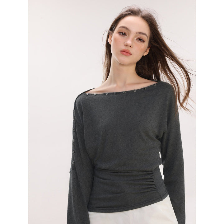 Dam Off-Shoulder Långärmad Top med Knappar Slim Fit-Eva Jonsson