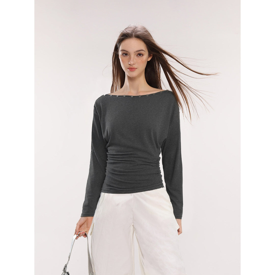 Dam Off-Shoulder Långärmad Top med Knappar Slim Fit-Eva Jonsson