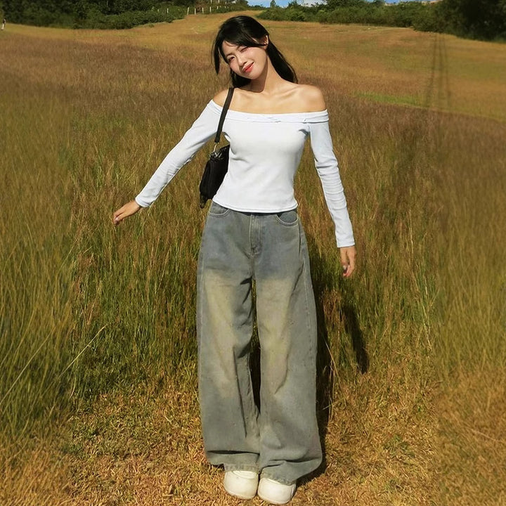 Dam Off-Shoulder Långärmad topp med mjuka volangdetaljer Mirla-Eva Jonsson