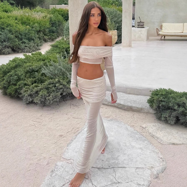 Dam Off-Shoulder Maxi-klänning med rynkat överdel och elegant kjol Mirla-Eva Jonsson