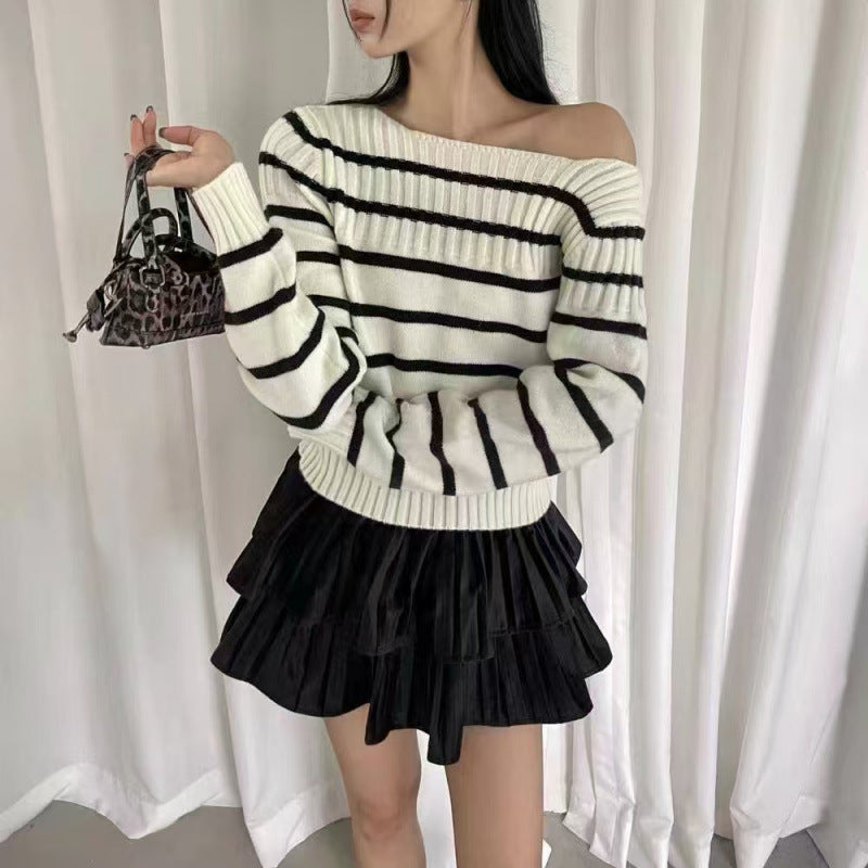 Dam Off-Shoulder Randig Tröja med Ribb Struktur Eva Jonsson-Eva Jonsson
