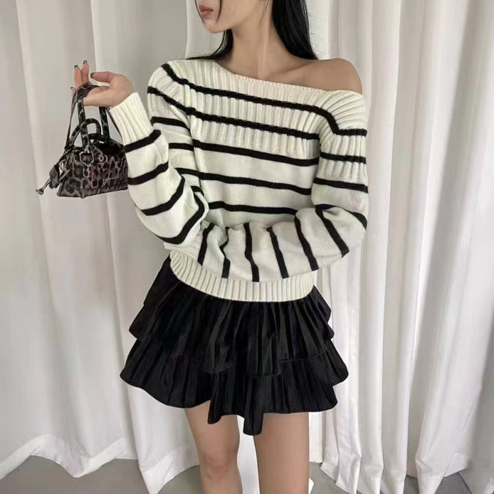 Dam Off-Shoulder Randig Tröja med Ribb Struktur Eva Jonsson-Eva Jonsson