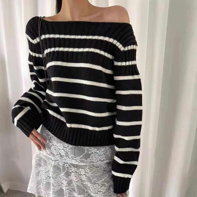 Dam Off-Shoulder Randig Tröja med Ribb Struktur Eva Jonsson-Eva Jonsson