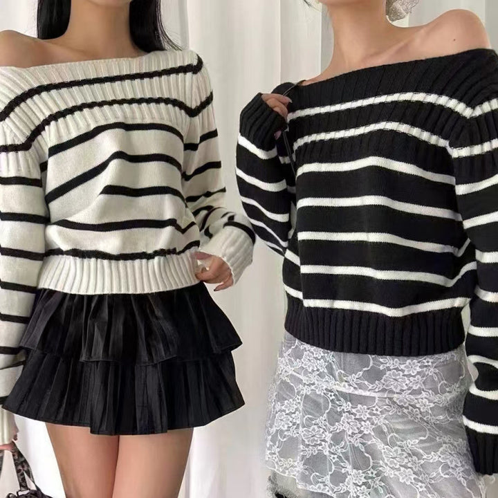 Dam Off-Shoulder Randig Tröja med Ribb Struktur Eva Jonsson-Eva Jonsson