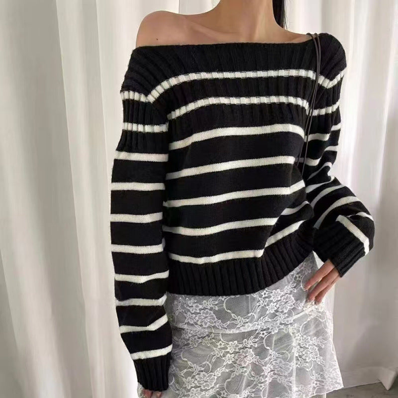 Dam Off-Shoulder Randig Tröja med Ribb Struktur Eva Jonsson-Eva Jonsson