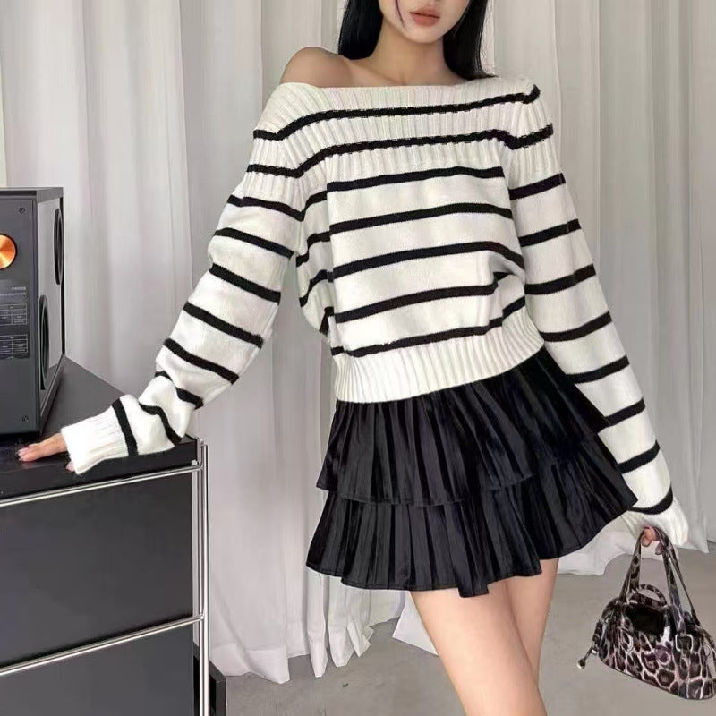 Dam Off-Shoulder Randig Tröja med Ribb Struktur Eva Jonsson-Eva Jonsson