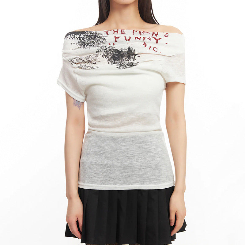 Dam Off-Shoulder T-shirt med artistisk tryck och figurnära skärning Mirla-Eva Jonsson