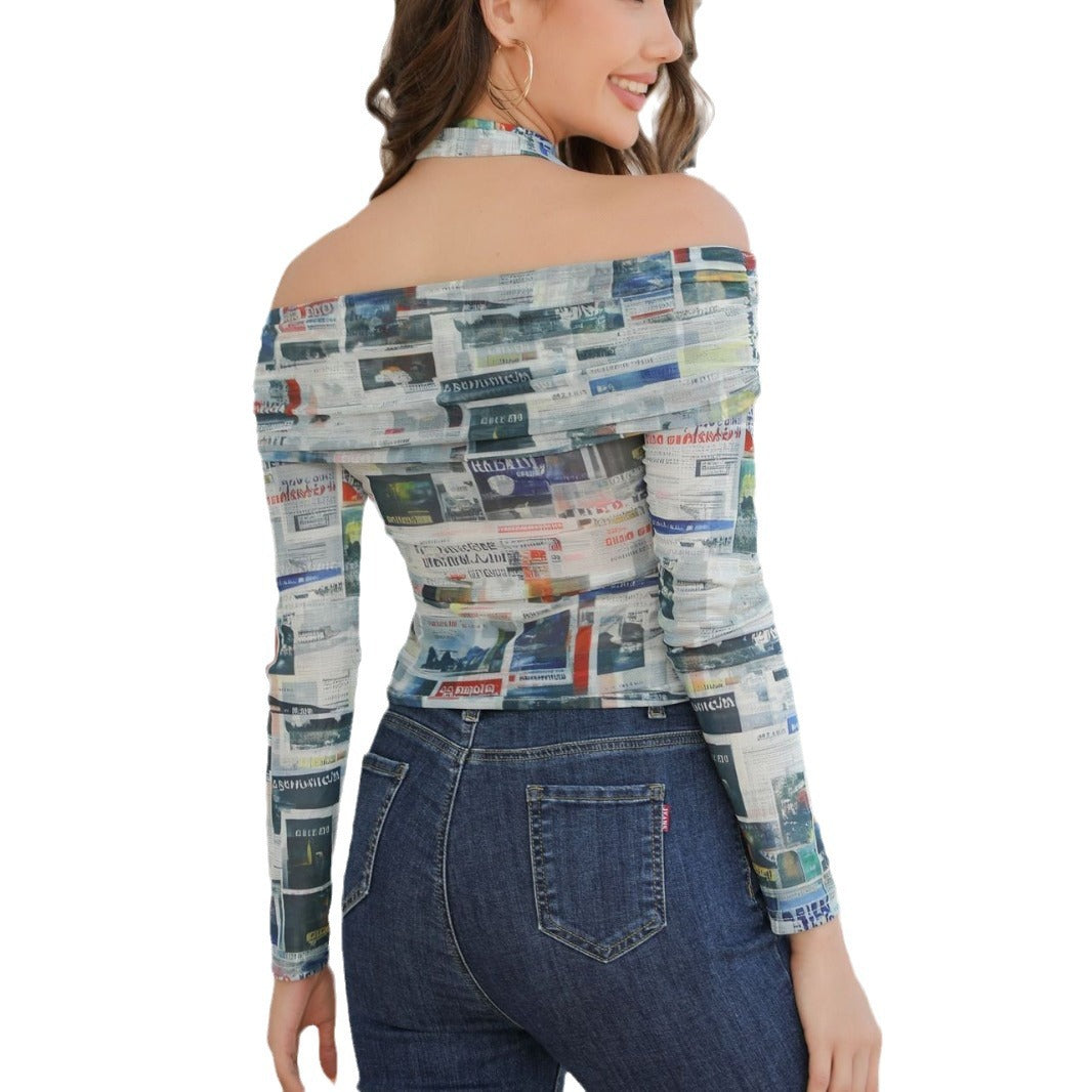 Dam Off-Shoulder Topp med kreativ tidningsprint och figurnära silhuett Mirla-Eva Jonsson
