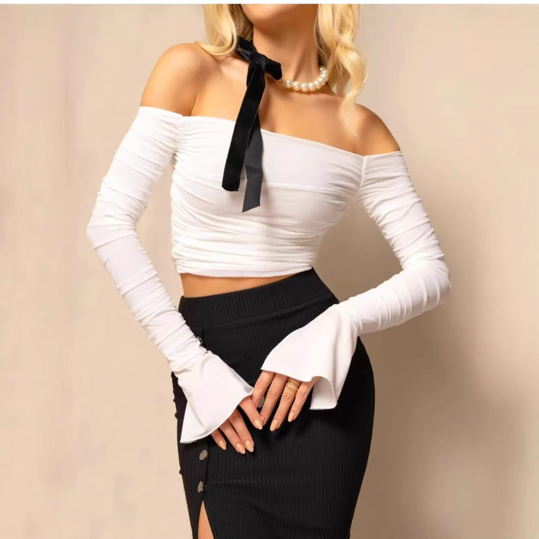 Dam Off-Shoulder topp med långa ärmar och volangdetaljer Mirla-Eva Jonsson