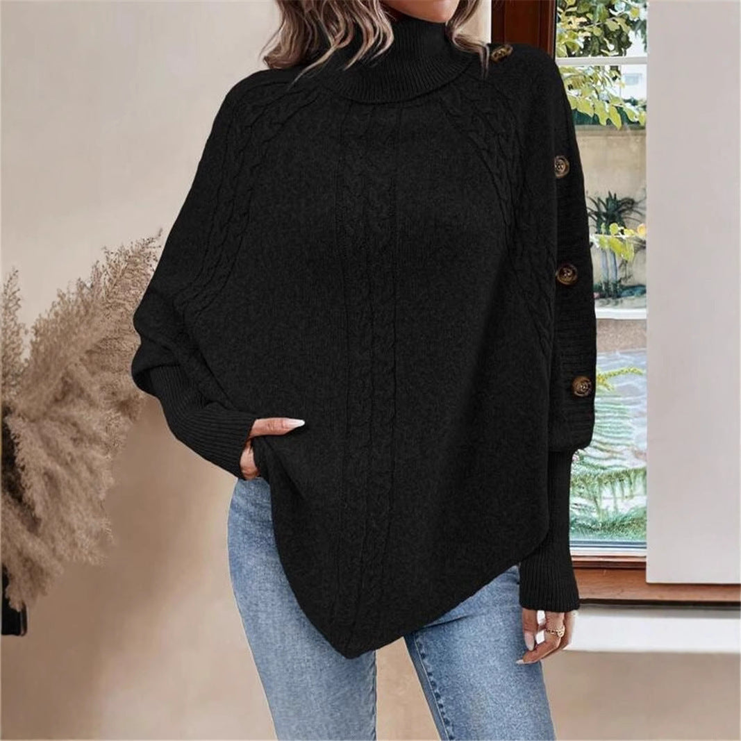 Dam Oversized Stickad Pullover med Rullkrage och Knapppdetaljer Mirla-Eva Jonsson