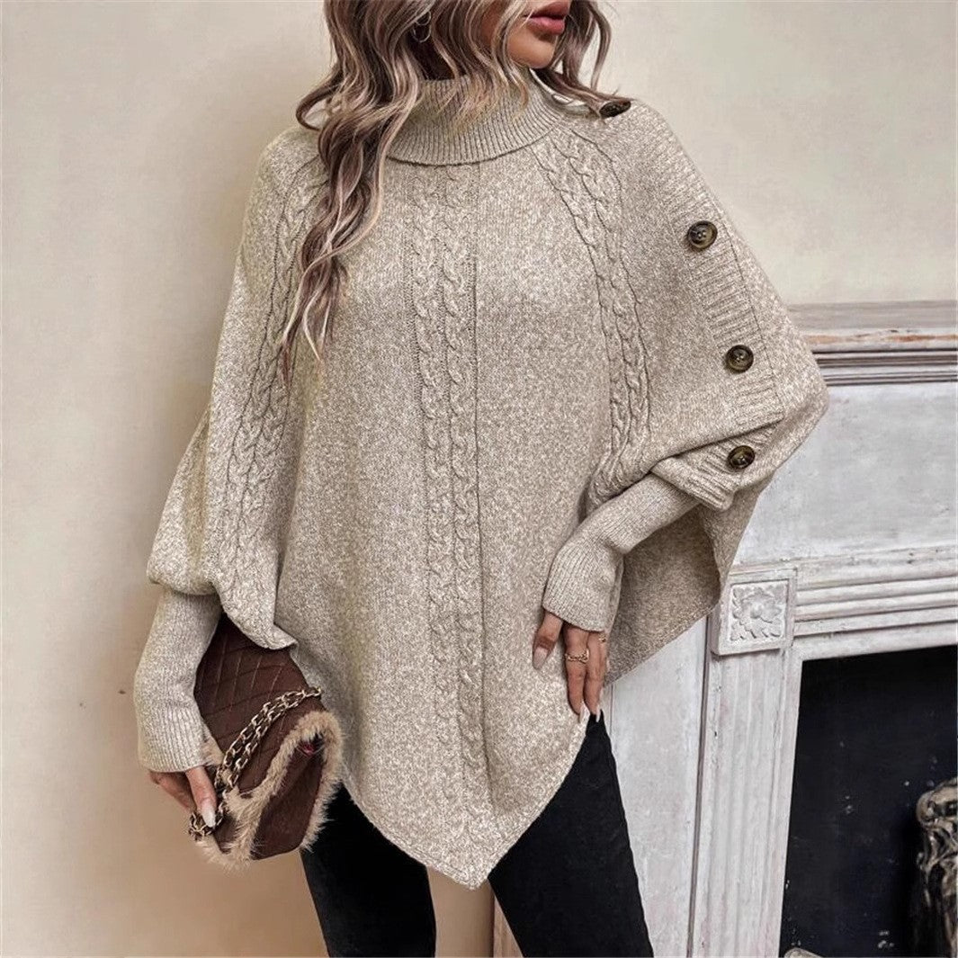 Dam Oversized Stickad Pullover med Rullkrage och Knapppdetaljer Mirla-Eva Jonsson
