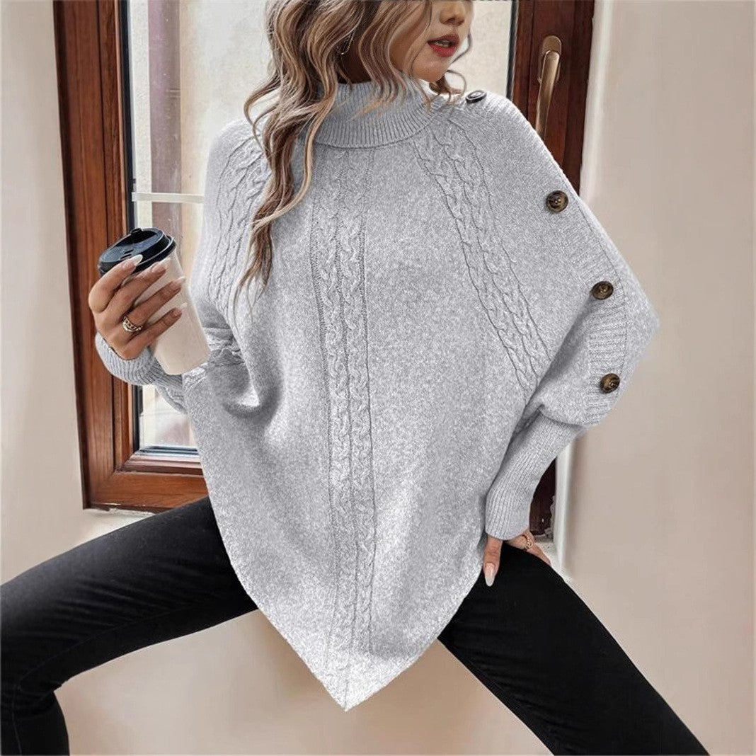 Dam Oversized Stickad Pullover med Rullkrage och Knapppdetaljer Mirla-Eva Jonsson