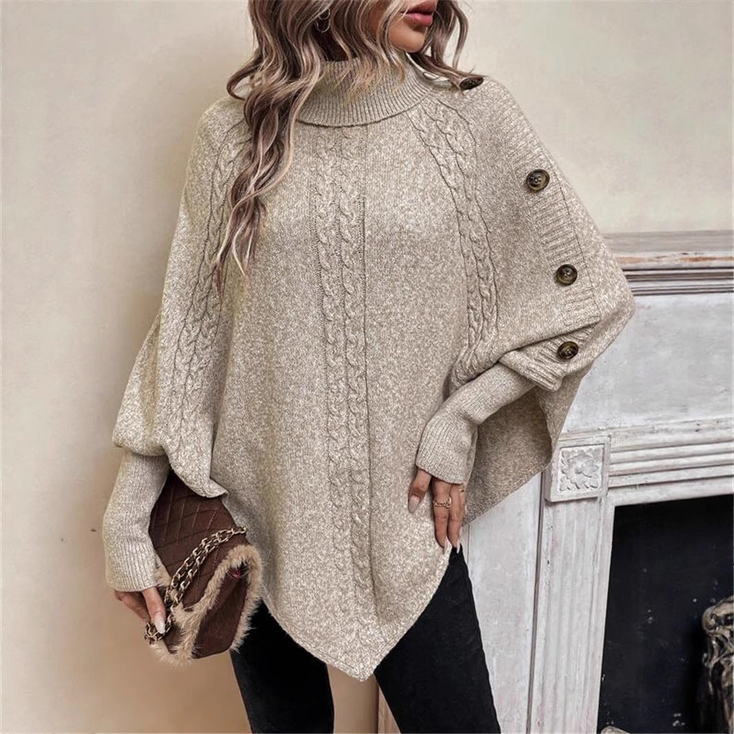 Dam Oversized Stickad Pullover med Rullkrage och Knapppdetaljer Mirla-Eva Jonsson
