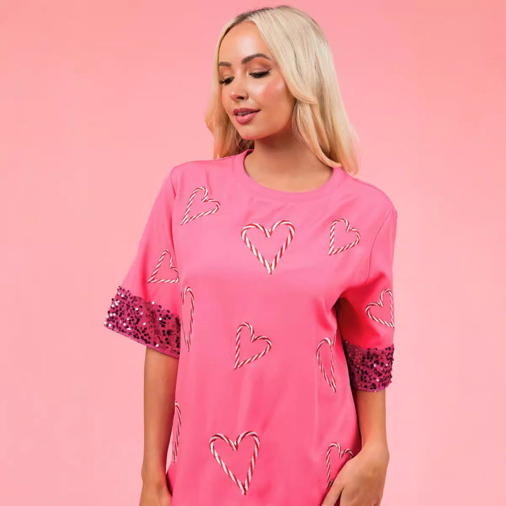 Dam Oversized T-shirt med glittrande ärmar och hjärt-mönster Mirla-Eva Jonsson