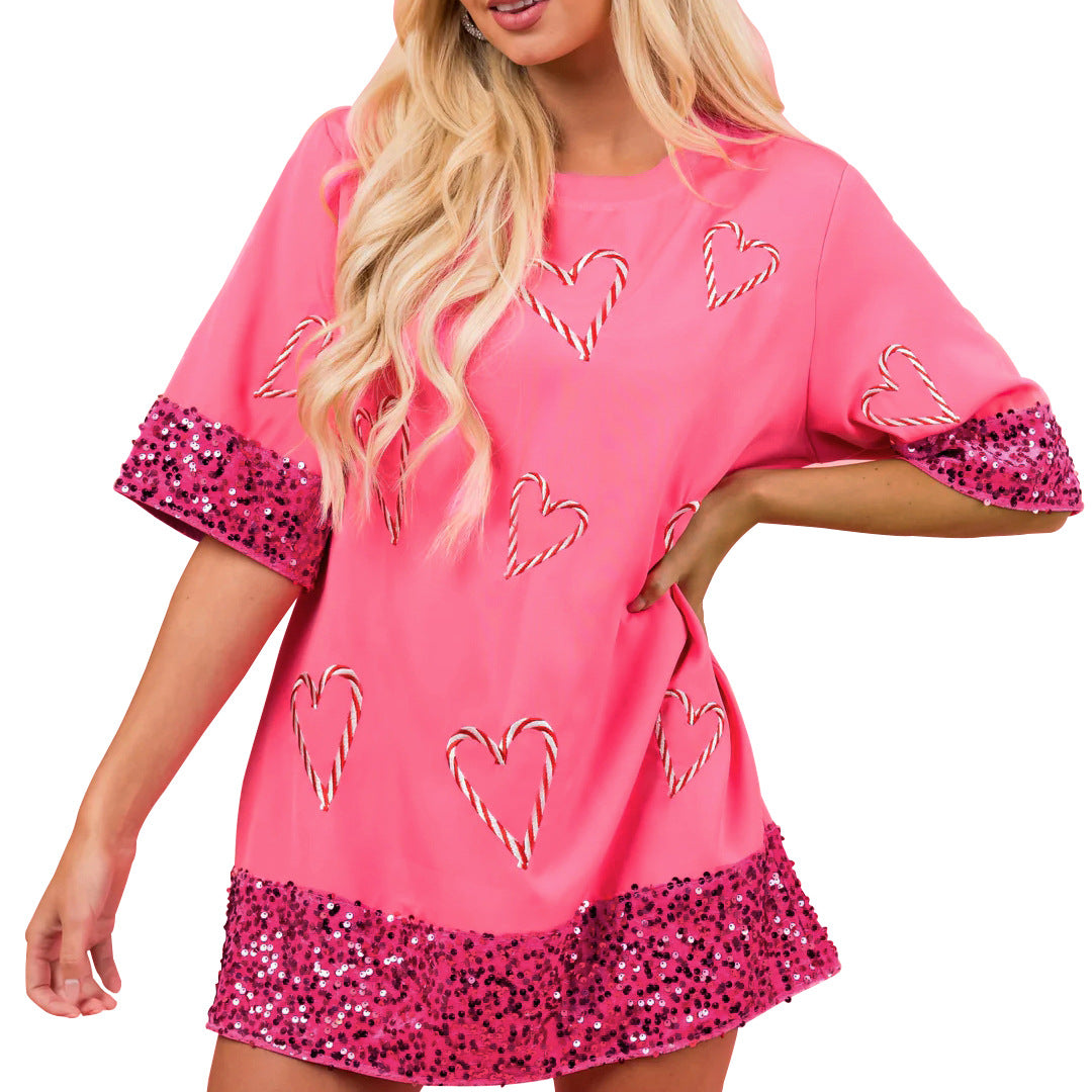 Dam Oversized T-shirt med glittrande ärmar och hjärt-mönster Mirla-Eva Jonsson
