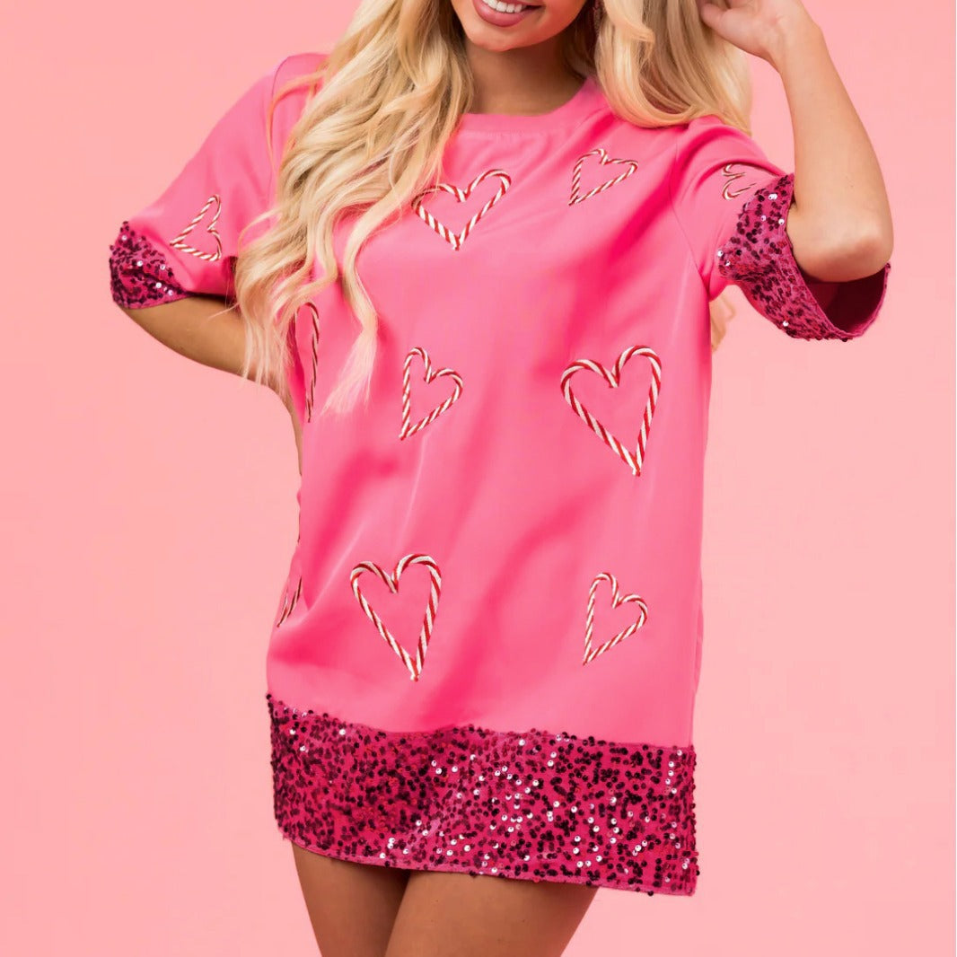 Dam Oversized T-shirt med glittrande ärmar och hjärt-mönster Mirla-Eva Jonsson