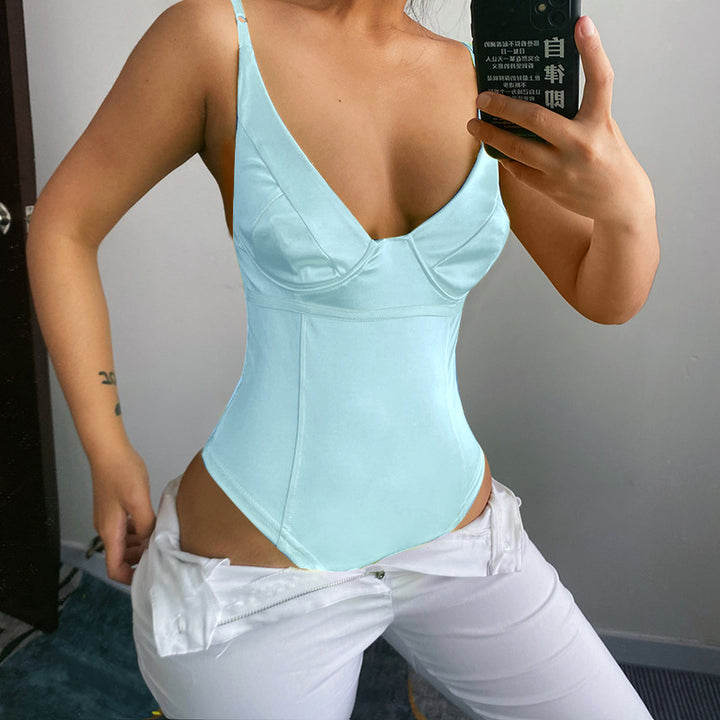 Dam Satin Bustier Top med djupt V-ringad neck och elegant passform Mirla-Eva Jonsson