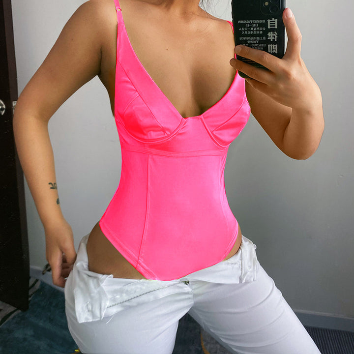 Dam Satin Bustier Top med djupt V-ringad neck och elegant passform Mirla-Eva Jonsson