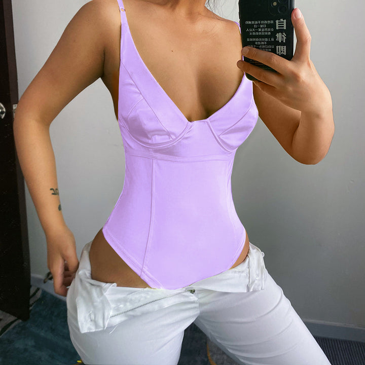 Dam Satin Bustier Top med djupt V-ringad neck och elegant passform Mirla-Eva Jonsson