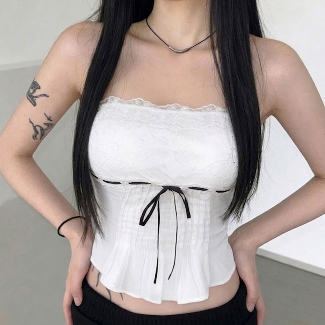 Dam Spitze Bandeau Top med rynkor och dekorativt knytband Mirla-Eva Jonsson