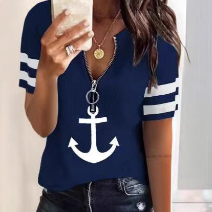 Dam Sportig T-shirt med dragkedja och maritima motiv Mirla-Eva Jonsson