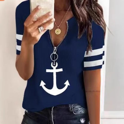Dam Sportig T-shirt med dragkedja och maritima motiv Mirla-Eva Jonsson