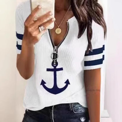 Dam Sportig T-shirt med dragkedja och maritima motiv Mirla-Eva Jonsson
