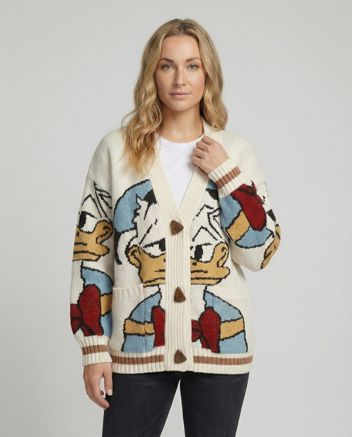Dam Stickad Cardigan i Bomull med Broderat Disney-Motiv & Lekfull Design | Eva Jonsson-Eva Jonsson