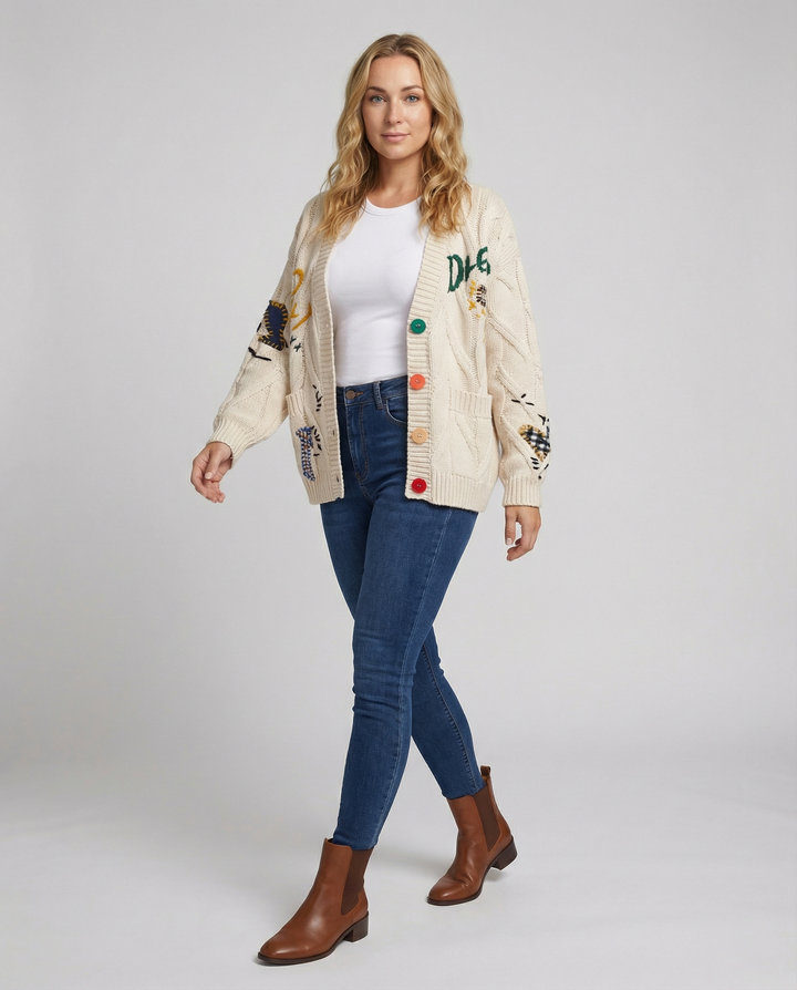 Dam Stickad Cardigan i Chunky-stil med Knäppning & Oversized Passform | Eva Jonsson-Eva Jonsson