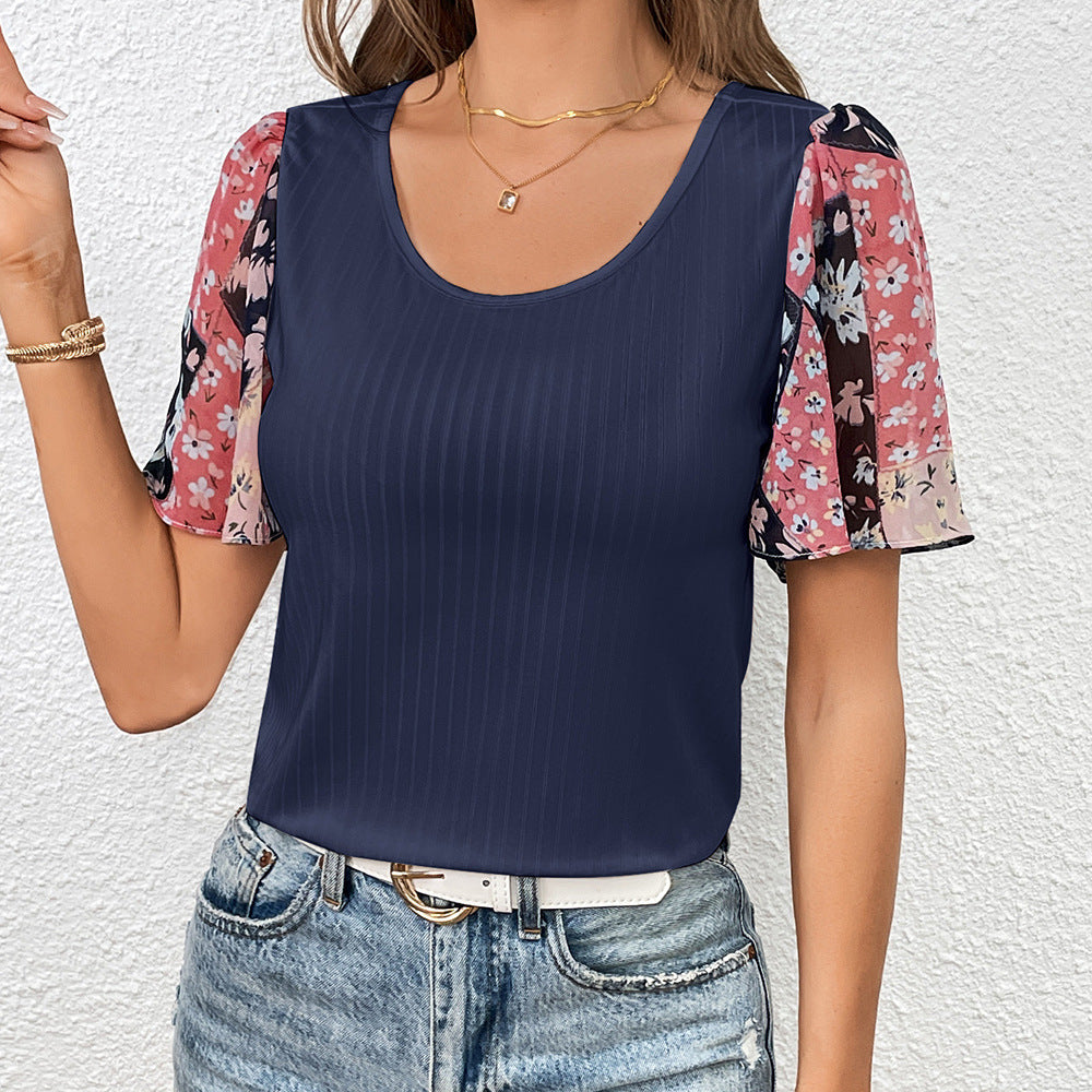 Dam T-shirt med eleganta transparenta blomärm Eva Jonsson-Eva Jonsson