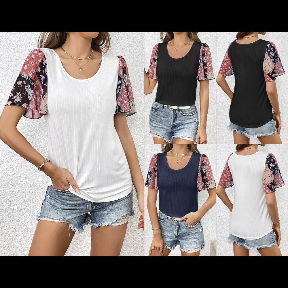 Dam T-shirt med eleganta transparenta blomärm Eva Jonsson-Eva Jonsson