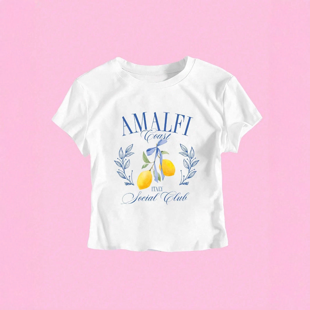 Dam T-shirt med fruktmotiv och modern text Mirla-Eva Jonsson