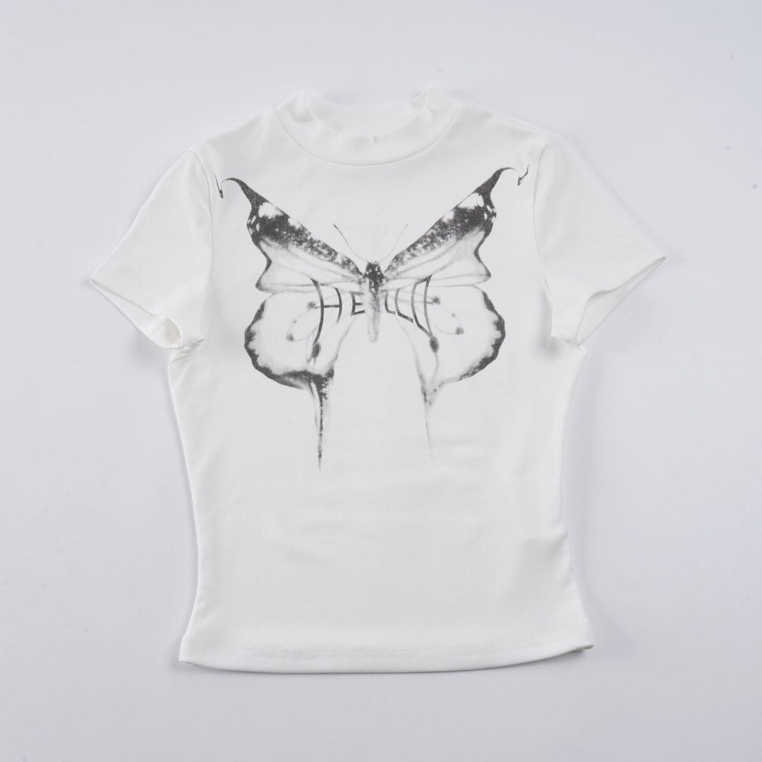 Dam T-shirt med kreativ fjärilstryck och modern skärning Mirla-Eva Jonsson