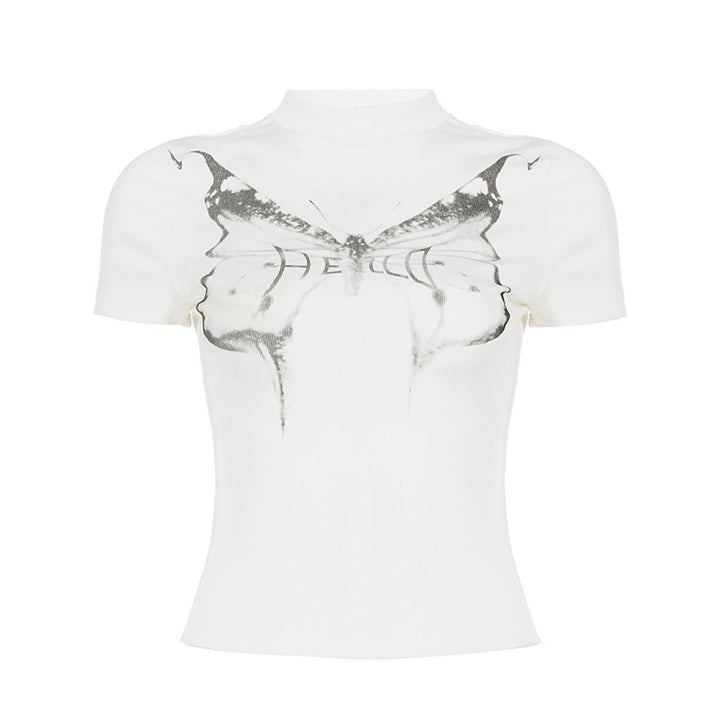 Dam T-shirt med kreativ fjärilstryck och modern skärning Mirla-Eva Jonsson